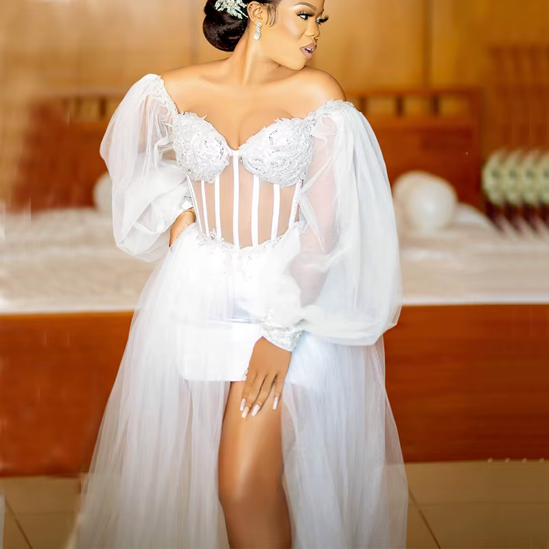 Robes de mariée blanches en Tulle, Robes du matin, robe de mariée africaine, épaules dénudées, manch