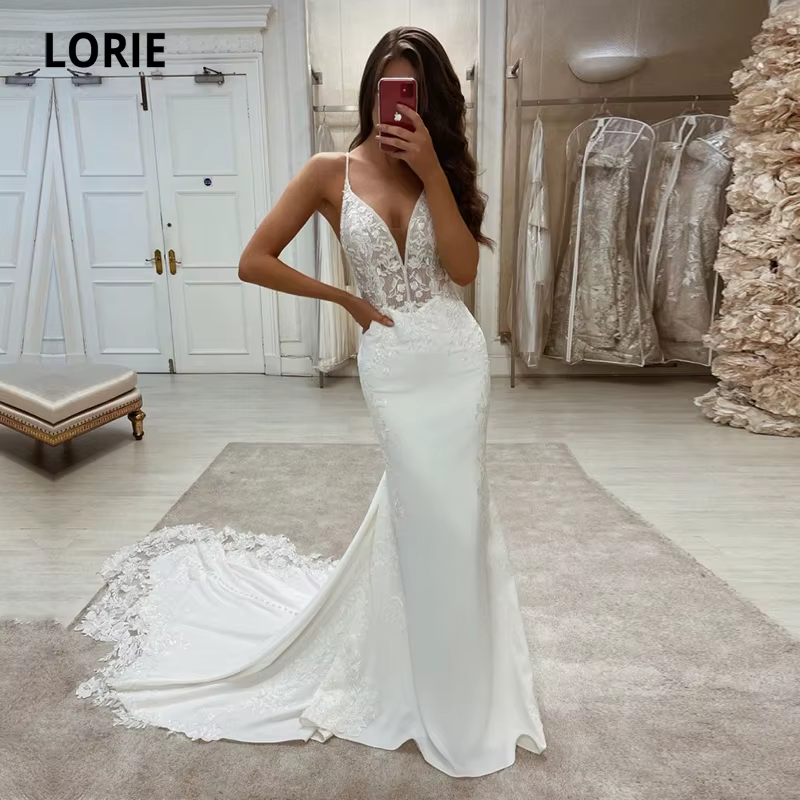 LORIE-Robe de Mariée Sirène Boho en Dentelle, Col en V, avec des Appliques, Bretelles Spaghetti, Sex