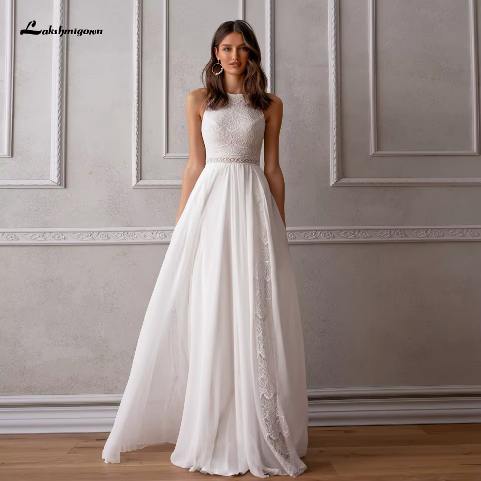 Robe de Mariée Longue en Mousseline de Soie et Dentelle, Simple, Chic, Style Boho, Réception des Pat