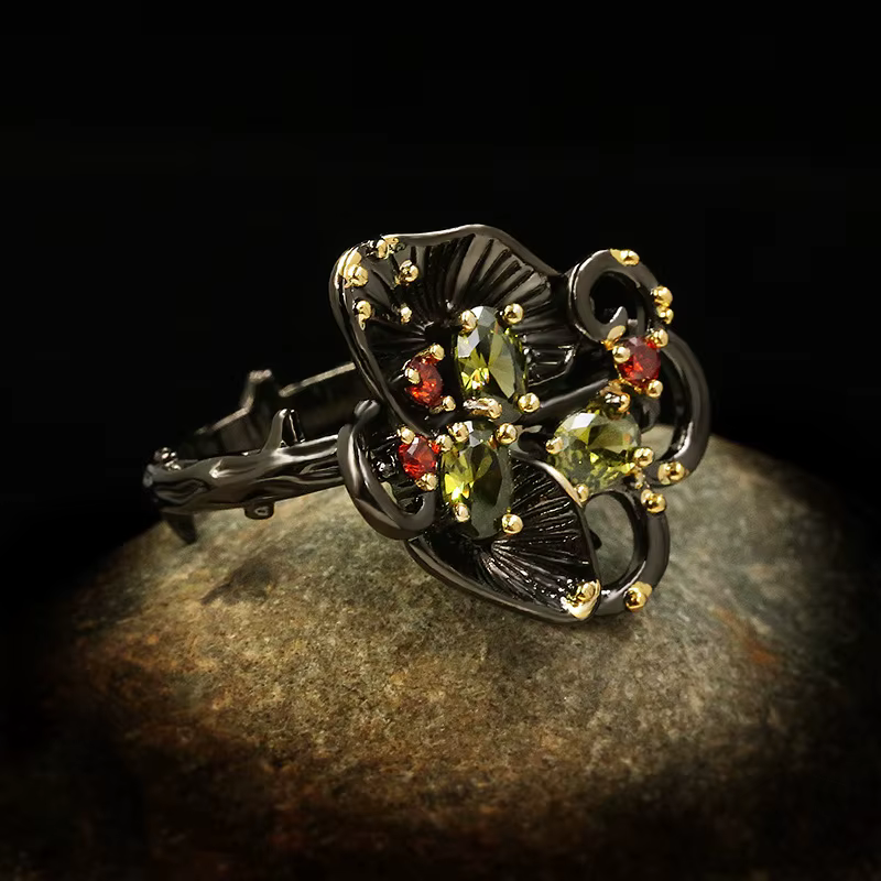 Bague en argent 925 vintage, motif orchidée en relief, noir et or, bicolore, pour femmes, bijoux géo