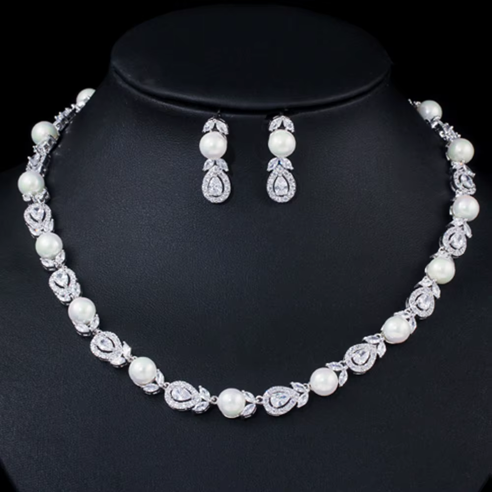 ThreeGraces – ensemble de bijoux de mariage en pierre blanche, grand ras du cou, collier et boucles 