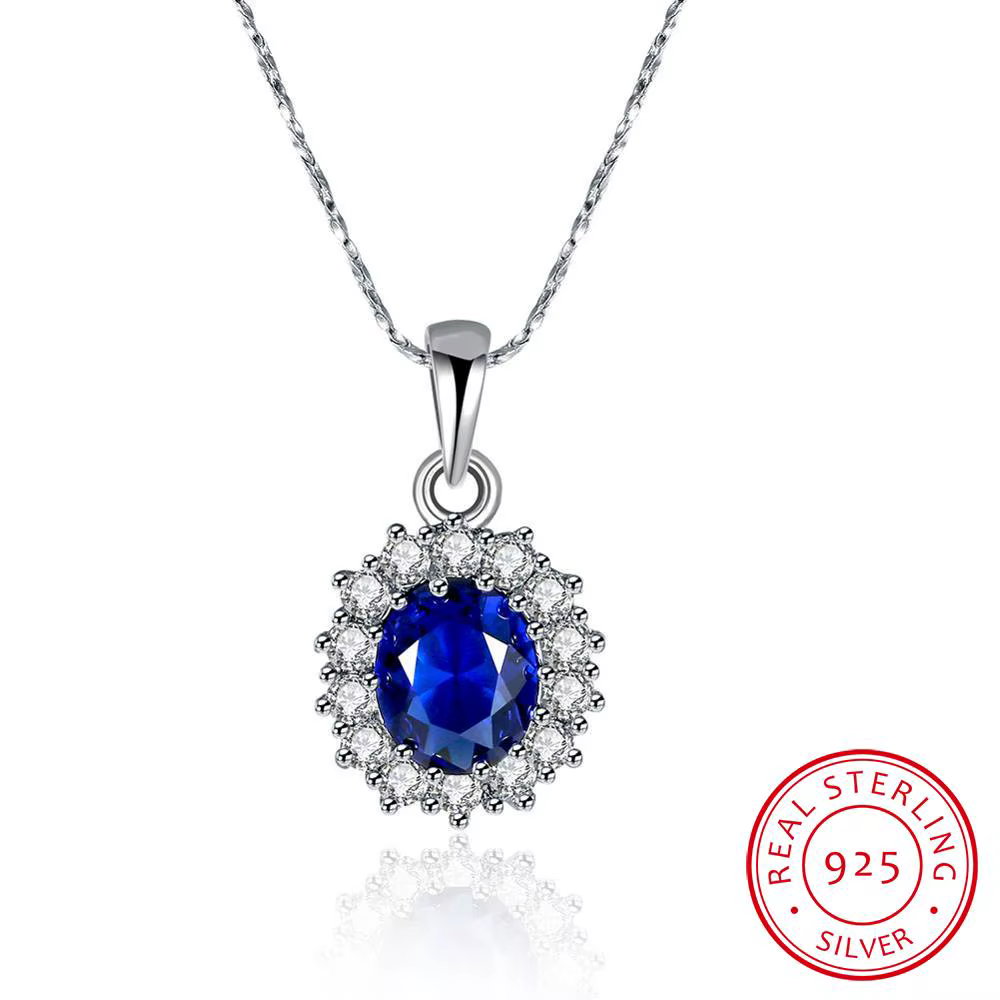 Collier ovale élégant avec pendentif en saphir pour femmes, princesse Diana William, breloques en ar