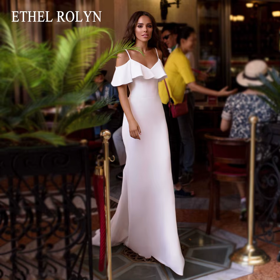 ETHEL ROLYN robe de mariée sirène élégante volants chérie bretelles Spaghetti mariée Stretch Satin V