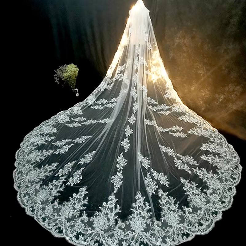 Voile de mariée Long de luxe, blanc ivoire, avec peigne, bord en dentelle, appliques élégantes, long