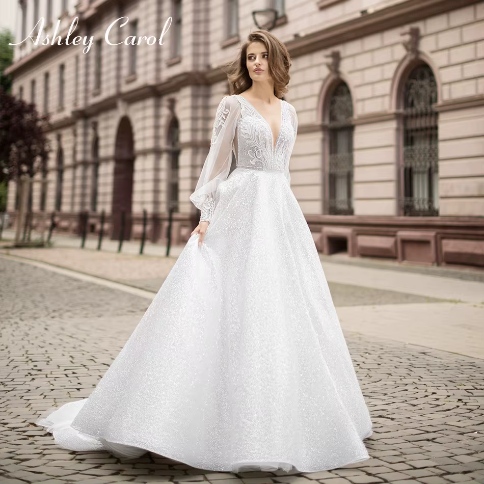 Ashley Carol-Robe de mariée A-Line, col en V, appliques en dentelle, manches bouffantes, robe de mar