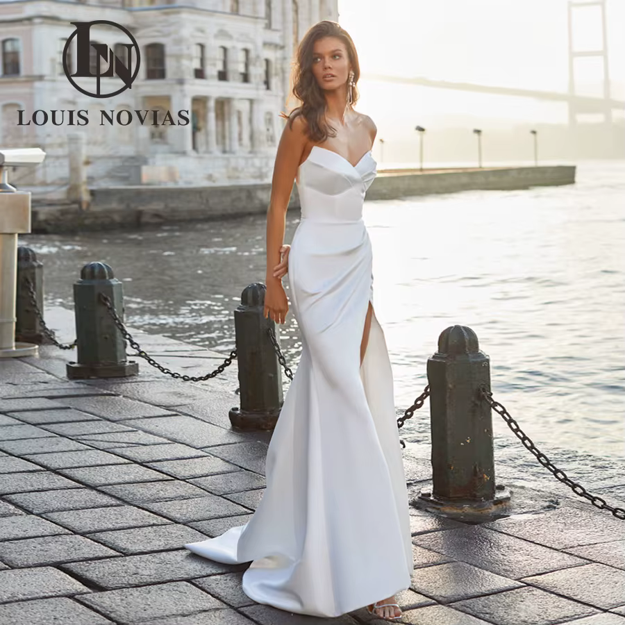 Modis-Robes de mariée sirène en satin sexy pour femmes, poignées de mariée chérie, manches bouffante