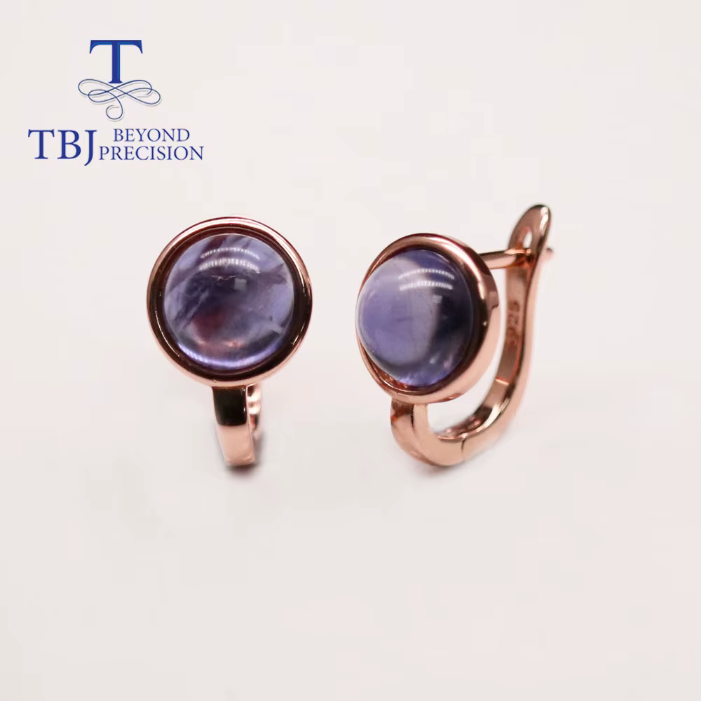 Boucles d'oreilles à fermoir en iolite bleue naturelle, rondes de 8 mm, en pierres précieuses vérita