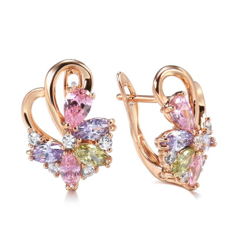 Boucles d'oreilles de luxe à Clip en or Rose 585, goutte d'eau, courbe en Zircon coloré, symétrie, c