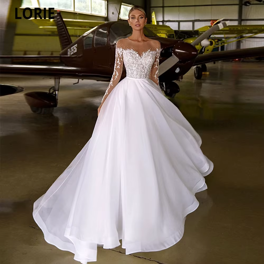 LORIE Robe de mariée bohème coupe trapèze, avec appliques de dentelle et perles, col rond, en tulle 