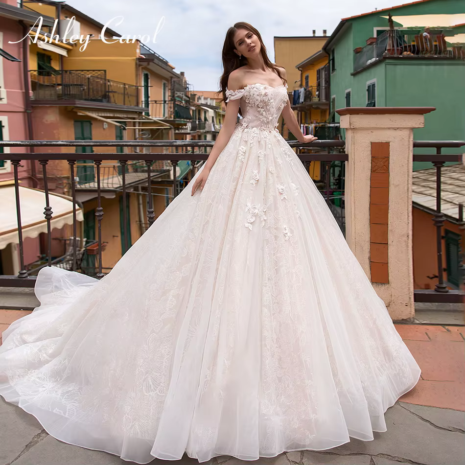 Ashley Carol robe De mariée trapèze romantique dentelle perlée fleurs hors De l'épaule princesse rob