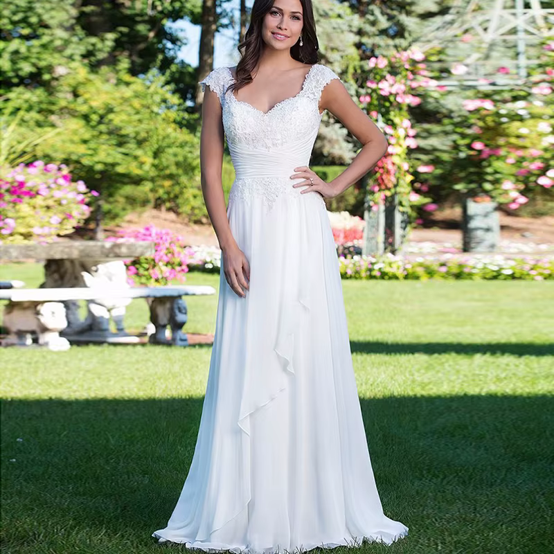 Robe de mariée blanche avec mancherons en dentelle, en solde, tenue de plage d'été, pour les patient