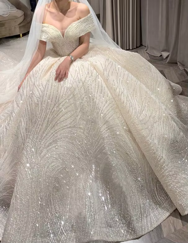 Robe De mariée De luxe à paillettes, classique, col bateau, épaules dénudées, personnalisée