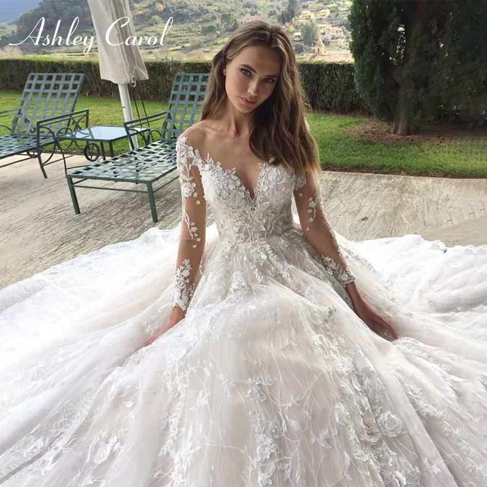 Ashley Carol-Robe de Mariée Romantique à Manches sulf, Princesse Mariée, Dentelle Perlée, Appliques,