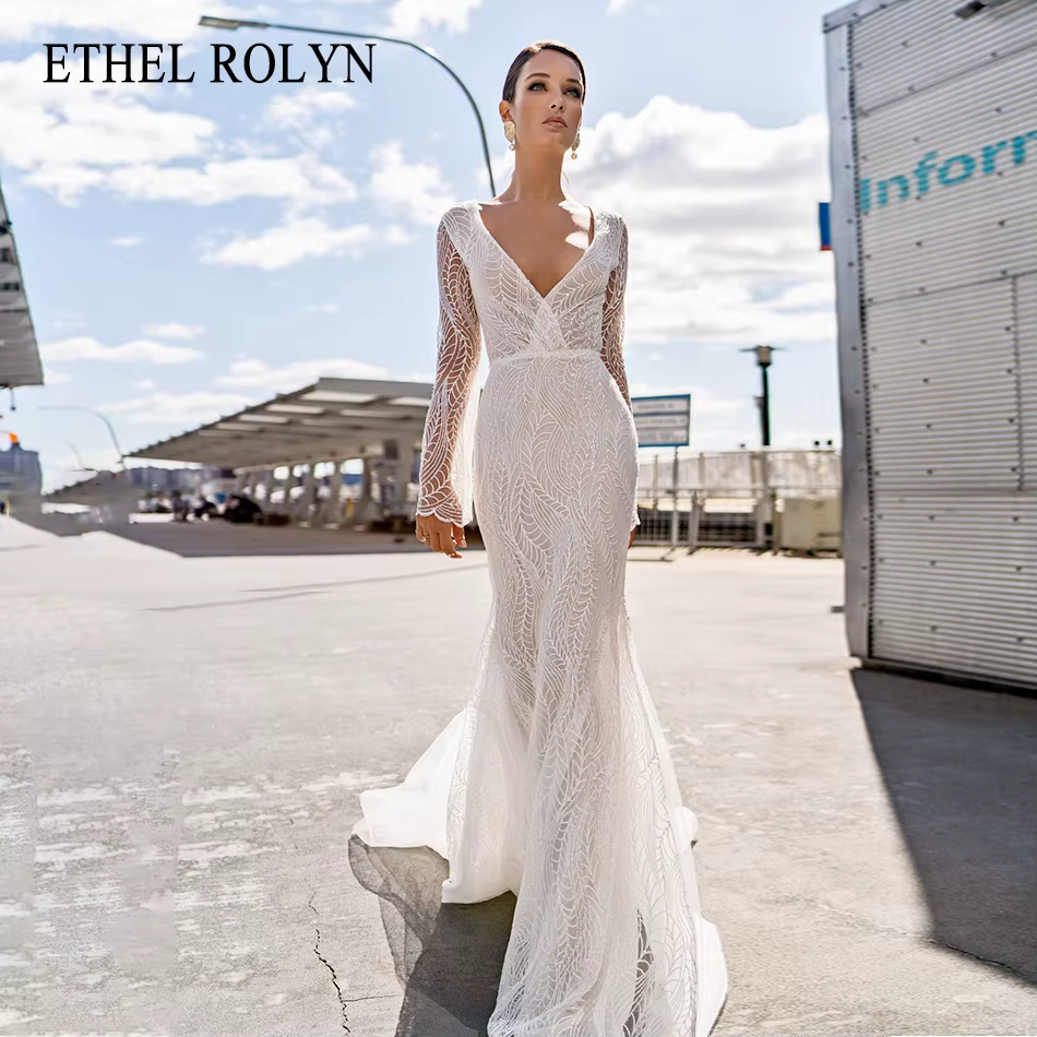 ETHEL ROLYN robe De mariée sirène charmante col en v perlé Tulle mariée Court Train à manches longue