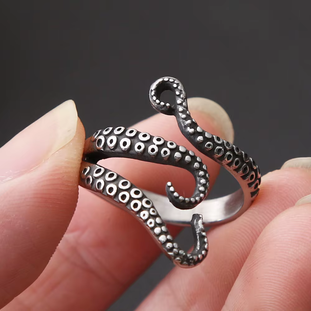 Bague rétro Pirate poulpe pour hommes et femmes, anneau de motard Punk Viking en acier inoxydable, a