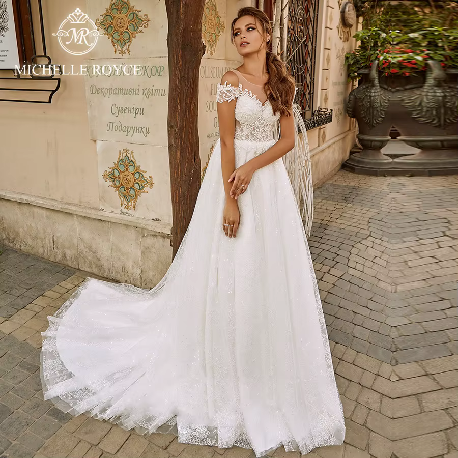 Michelle Royce-Robes de mariée A-ligne pour femmes, appliques sexy, bouton de sion Icidal, scoop, tr