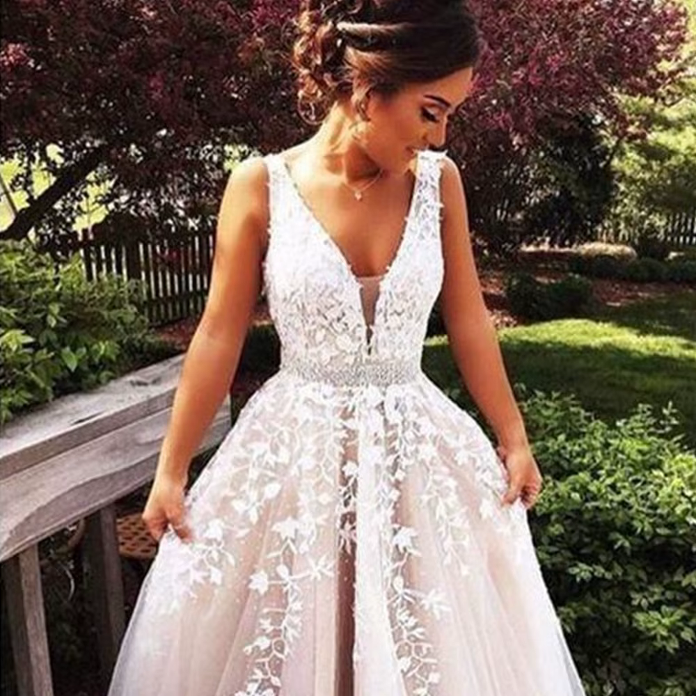 Robe de mariée sexy à col en V et dos nu, robes de princesse A-Line, train court, grande taille, per