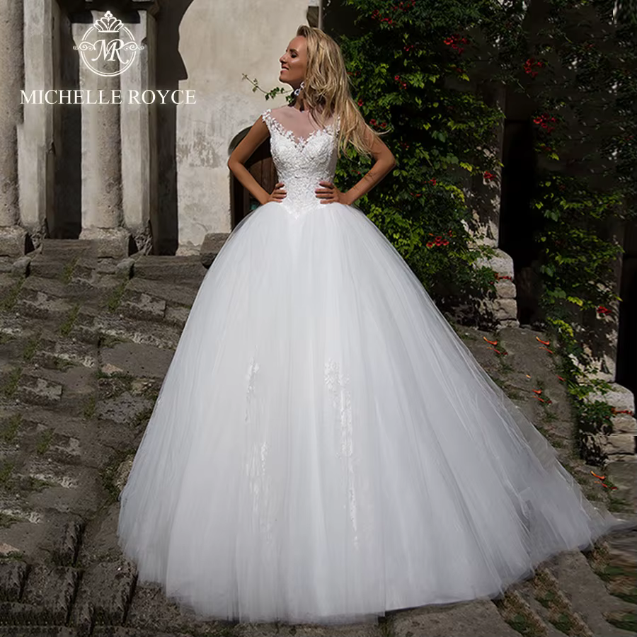 Michelle Royce a-ligne robes De mariée pour les femmes Sexy chérie Illusion Basque Appliques à lacet