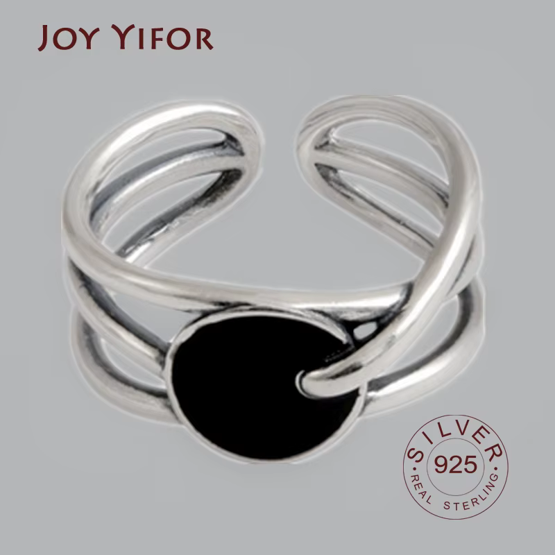 Ellipse 925 bagues en argent sterling pour femmes redimensionnable à la main noir zircon bague femme