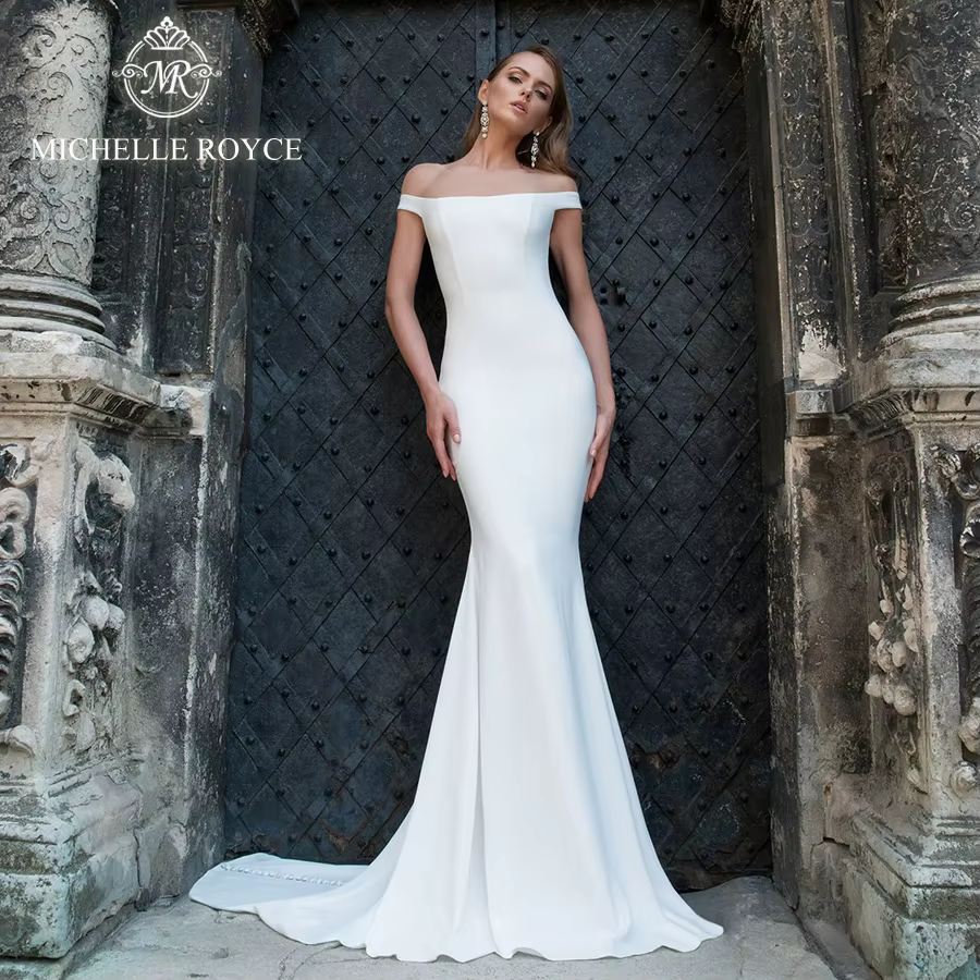 Michelle Royce sirène robes De mariée col bateau dos nu bouton chapelle Train haute qualité Simple V