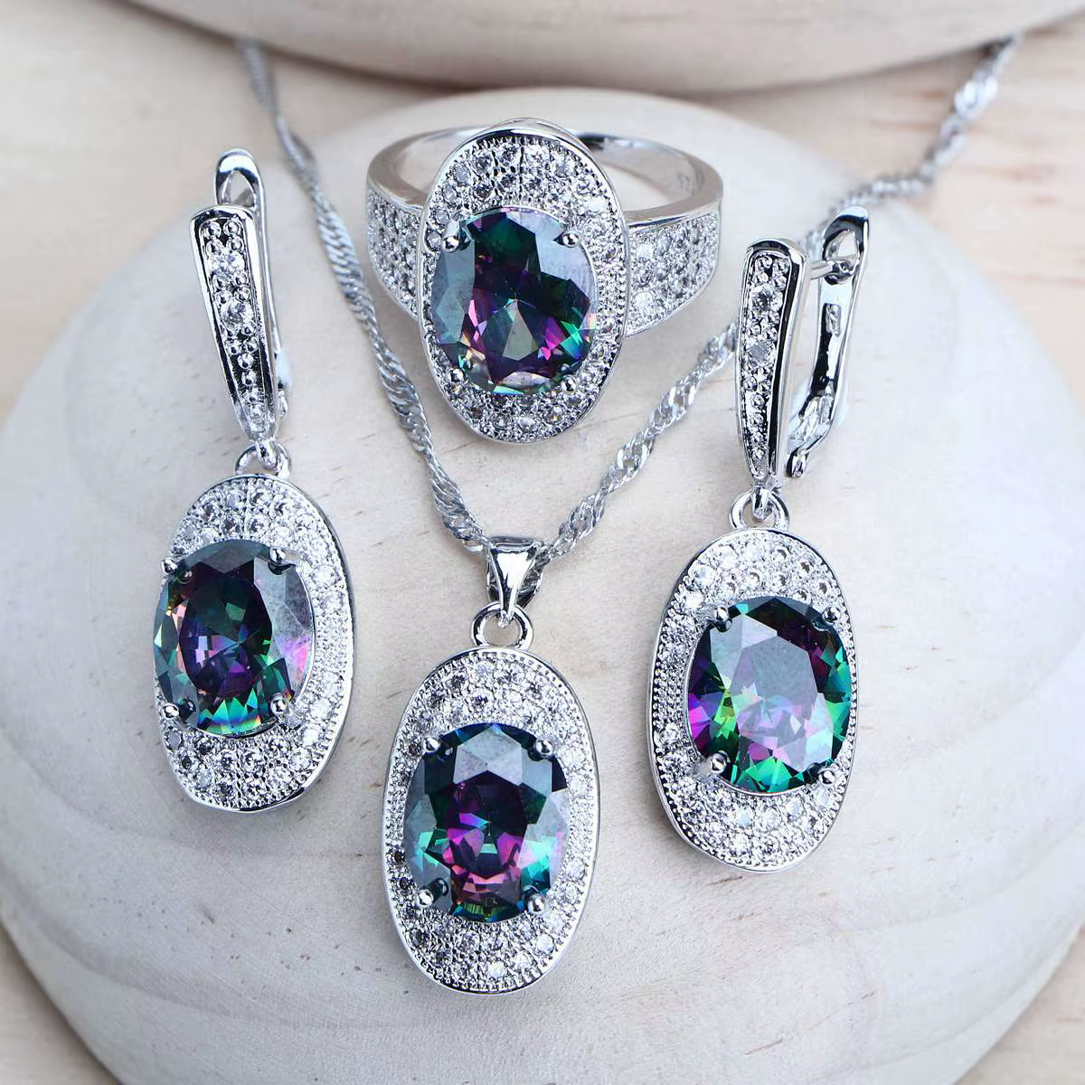 Ensemble de bijoux de mariée en argent 925 pour femmes, arc-en-ciel, zircone cubique, bijoux fantais