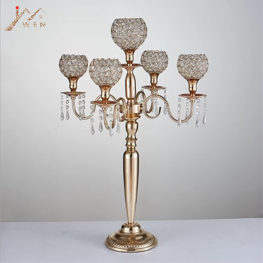 Bougeoirs en métal doré/argent à 5 bras, 80cm/31,5 pouces, bougeoirs en cristal pour centres de tabl