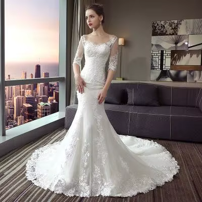 Robe de mariée sirène à lacets pour les patients, demi-manches, col rond, train de cour, trompent, r