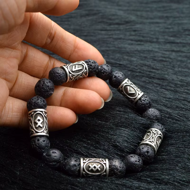 YIZIZAI-Bracelet Vintage en Pierre de Lave de 10mm, Perles Rétro Antiques en Alliage de Rune Viking,