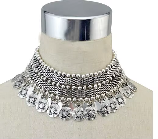 Collier épais avec pièce de monnaie tibétaine Tribal ethnique turque, collier oxydé indien, ras du c