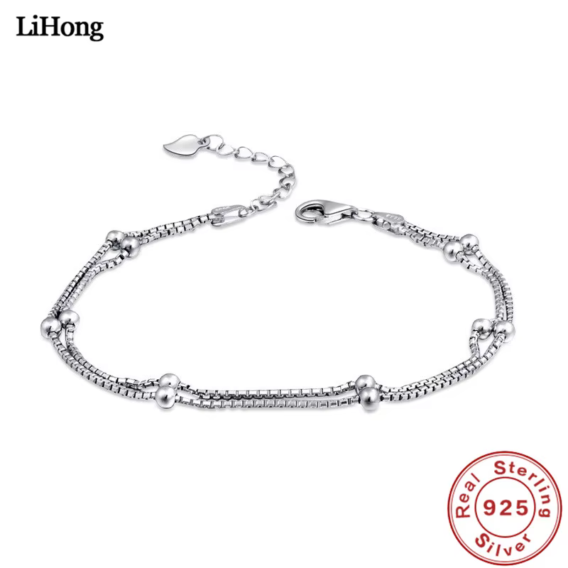 Bracelet en argent Sterling 925 pour femmes, Double boîte, chaîne de perles, bijoux à la mode, vente