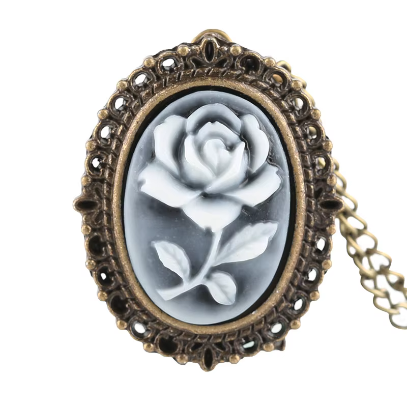 Montre de poche à quartz vintage en bronze pour femme, fleur d'azole, collier pour femme, cadeaux po