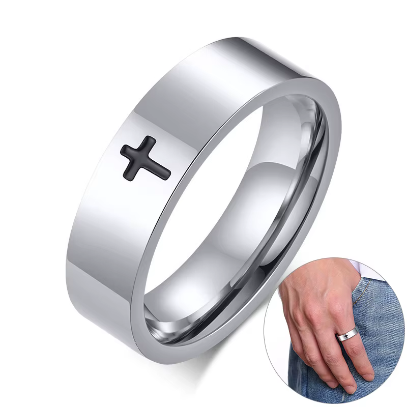 Bague croix en acier inoxydable pour hommes et femmes, document en argent, chrétien, Jésus-Christ, p