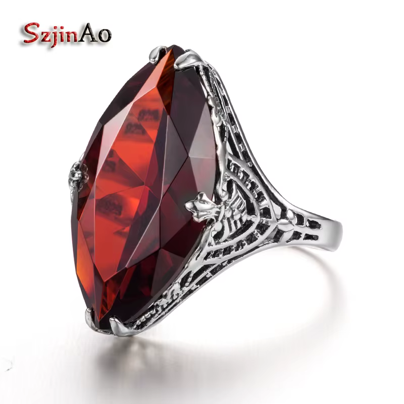 Szjinao – bague Vintage en argent Sterling 925, 14x26mm, pierre précieuse grenat, Marquise, pour fem
