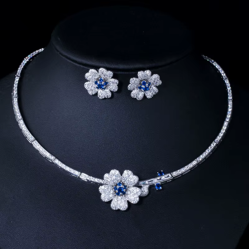 CWWcontre-contre-indiqué Lomzy CZ Stone Big Red Flower, collier ras du cou et boucles d'oreilles pou