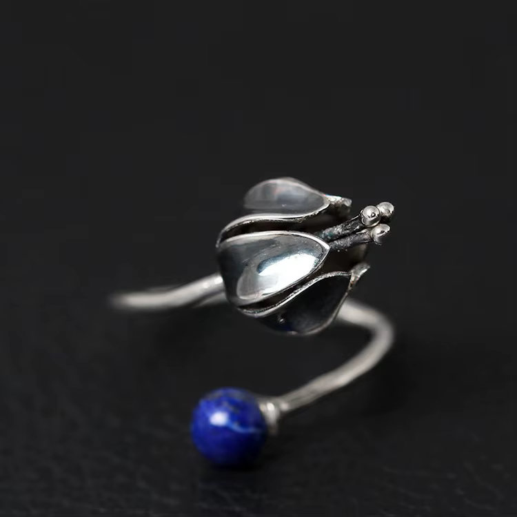 Amxiu-Bague en argent antique rétro, pierre naturelle, matiques ouvertes, bijoux de fleurs vintage, 