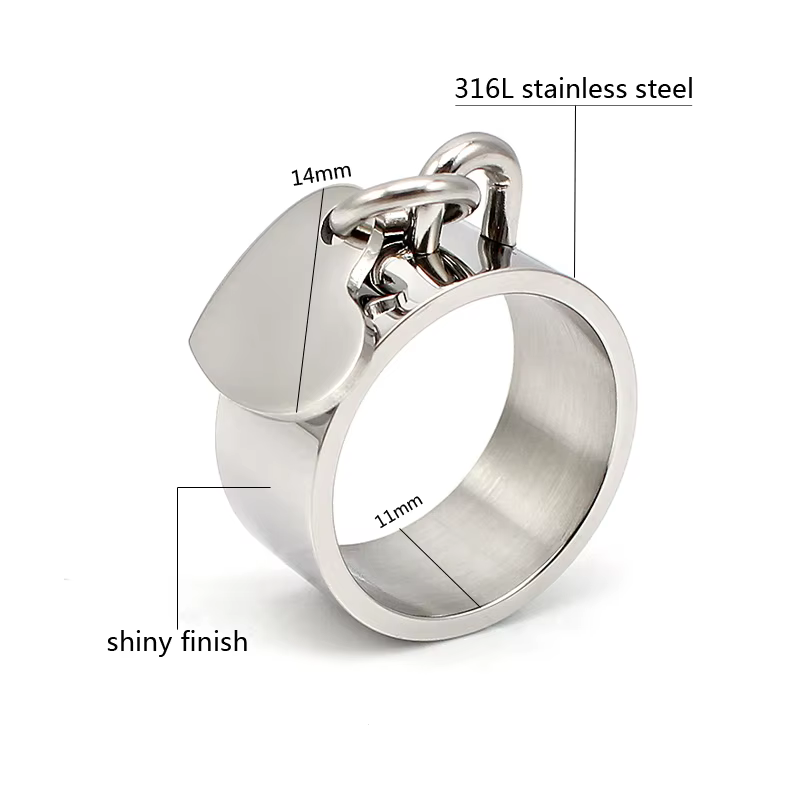 Bague en forme de cœur avec logo laser à graver pour homme et femme, pendentif, étiquette pendante, 