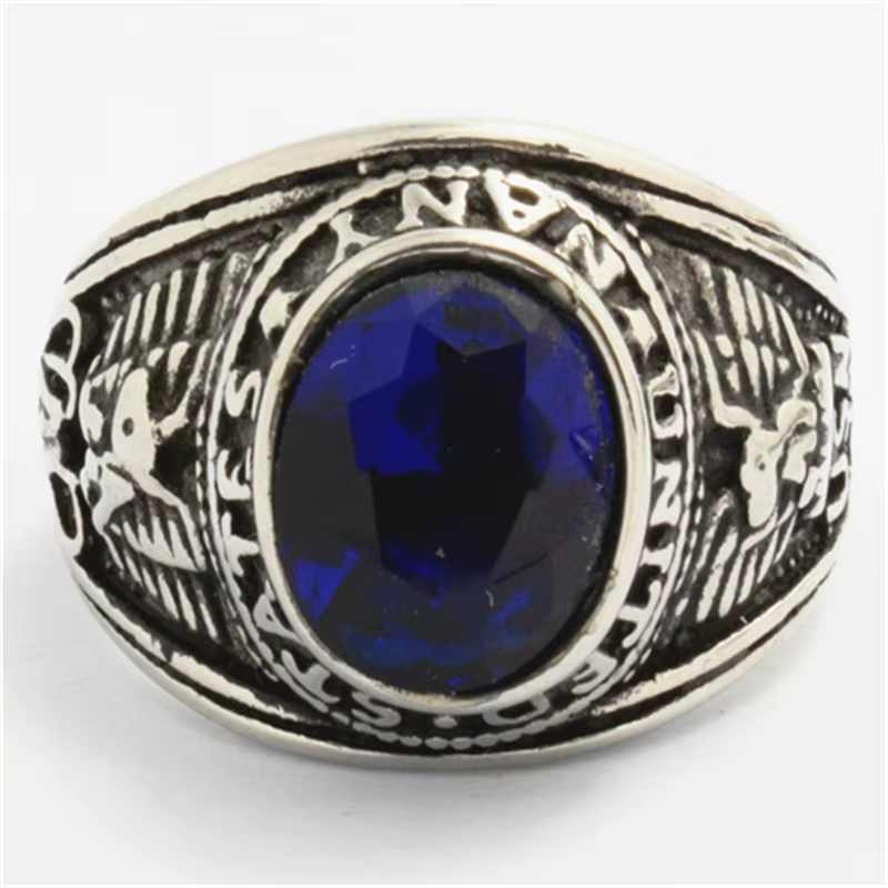 Bague de motard en acier inoxydable 316L pour hommes, pierre bleu marine américaine, prix de gros