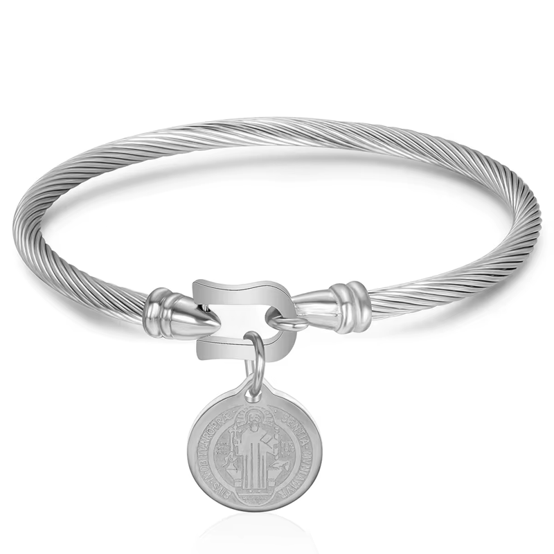 Bracelet manchette avec pendentif à breloque Saint Benoît pour femme, bracelets en fil d'acier inoxy