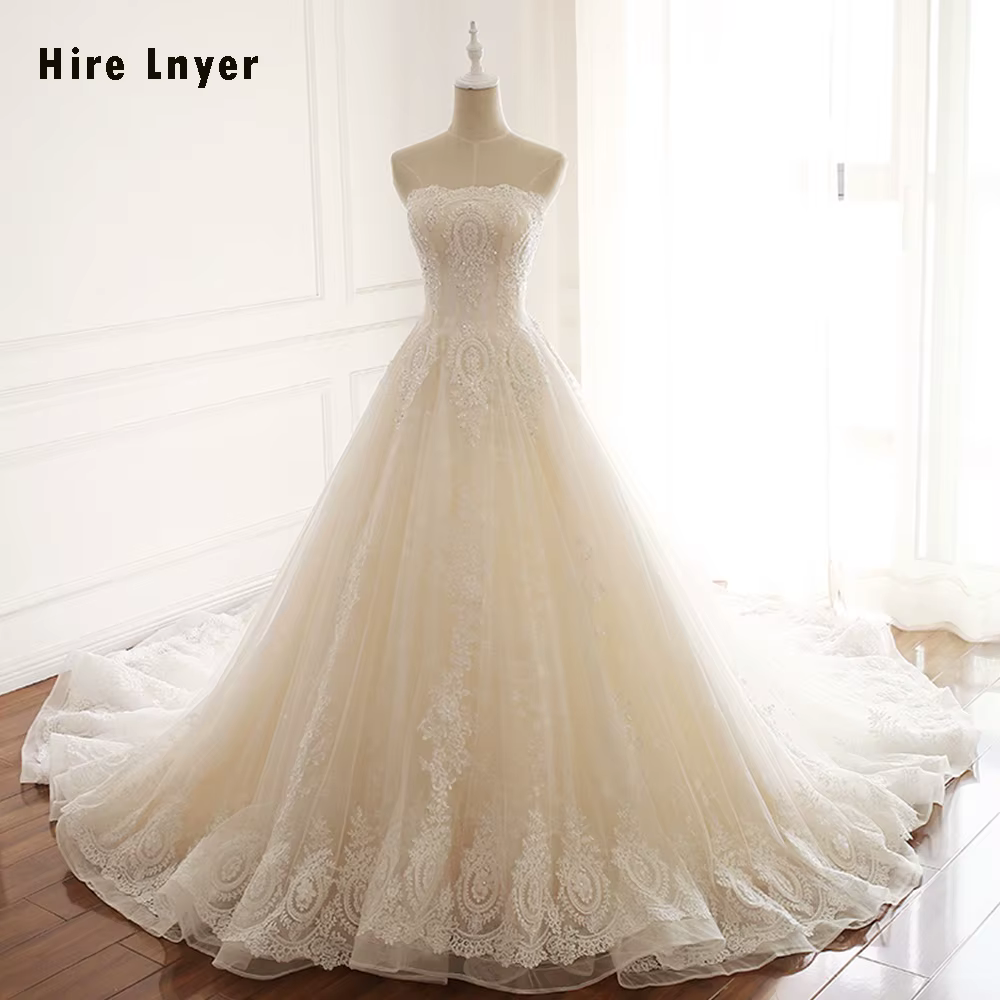 Here LNYER – Robe De mariée trapèze, élégante, sans bretelles, à lacets, avec des perles et des pail