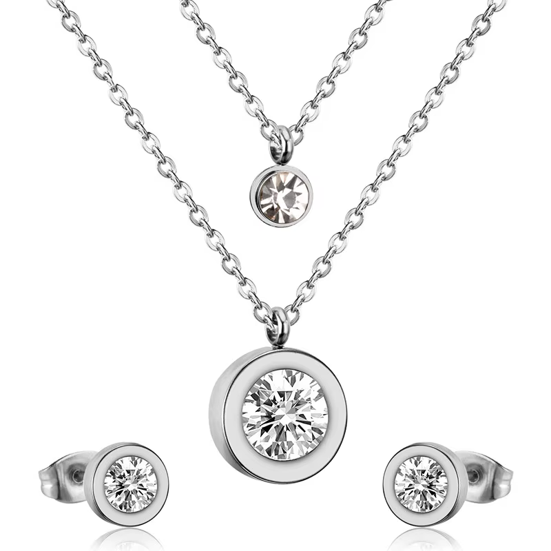 Ensembles de Bijoux de luxe en zircone cubique, en acier inoxydable, pendentif Double rond, collier 