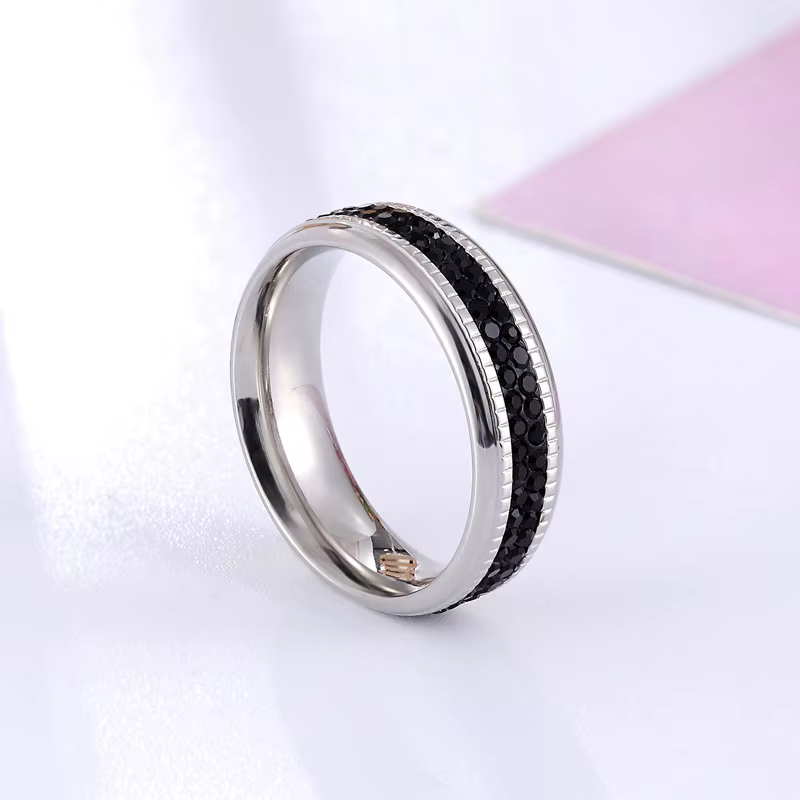 Bague en Zircon noir Double cercle moyen, en acier inoxydable de haute qualité, marque d'amour, coul