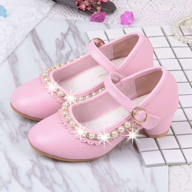 Chaussures Princesse Fille Talons Hauts, Rose Enfant avec Perles, Cuir Blanc, Robe Fille, Mary Gasol