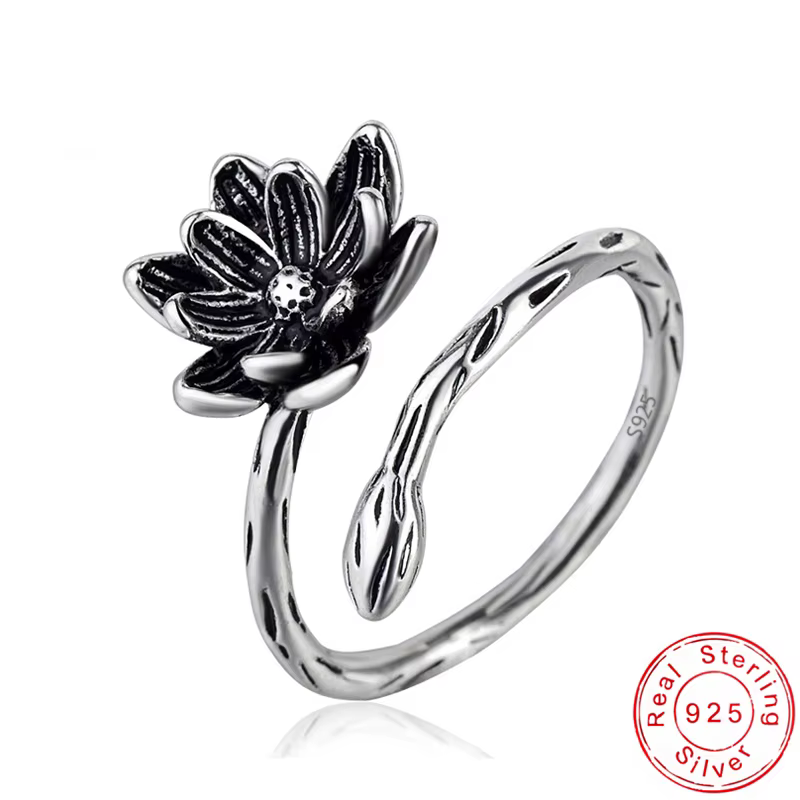 Bagues bohèmes en argent Sterling 925 pour femmes, anneau ajustable, Antique, fleur de Lotus, cadeau