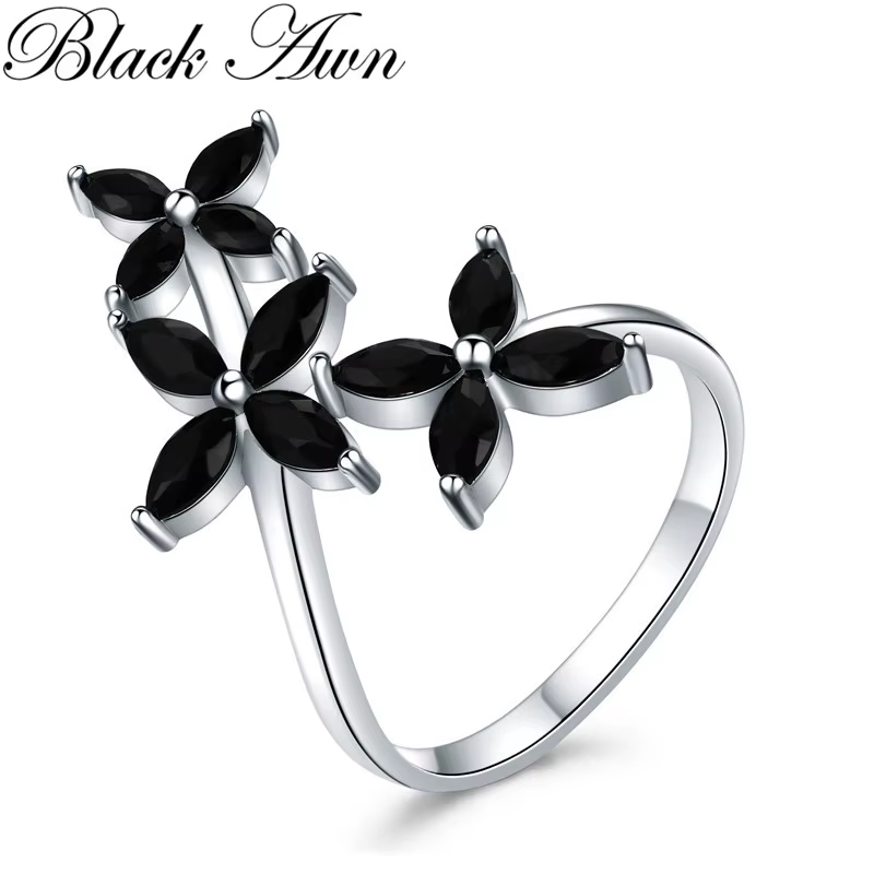 Black Awn 2025 nouveaux bijoux à la mode couleur argent bijoux de mode noir spinelle bague de fiança
