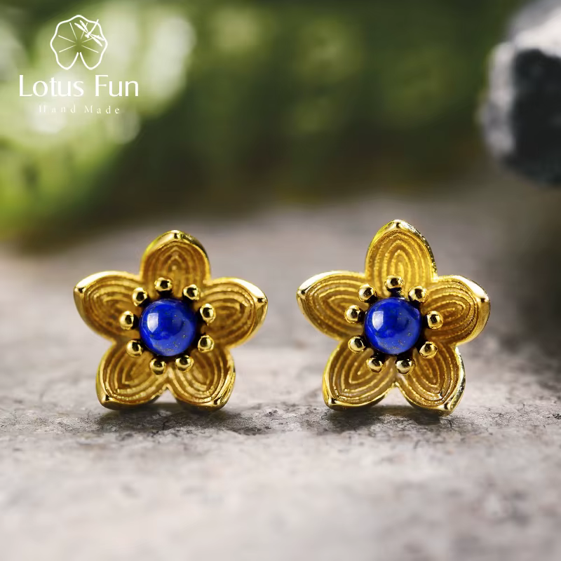 Boucles d'oreilles Lotus Fun en argent Sterling 925, Lapis naturel, bijoux fins créatifs faits à la 