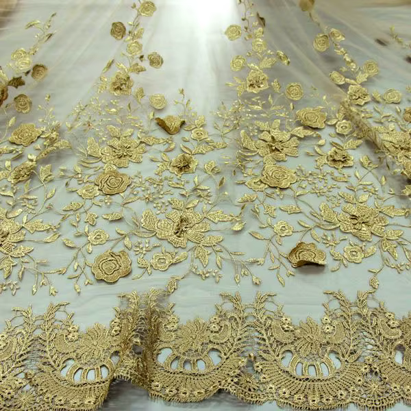 Robe de mariée dentelle 3D Flash garniture or 2 couches Tulle Voile fleurs broderie Textile tissus l