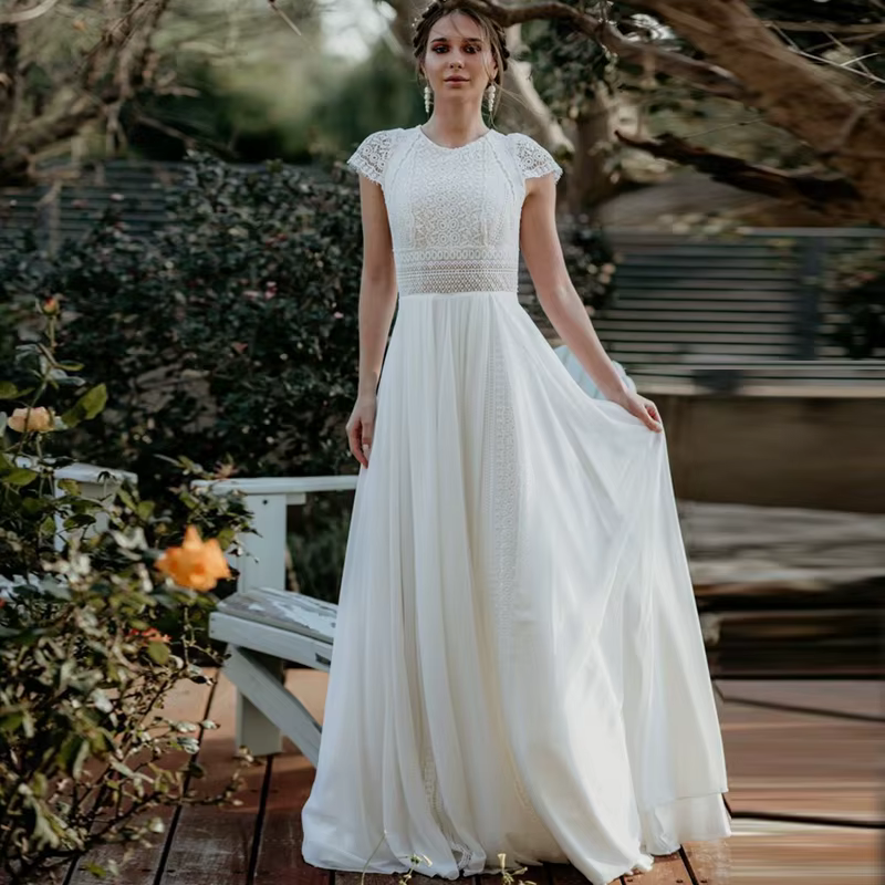 Robe de mariée en mousseline de soie bohème vintage, mancherons en dentelle, longue robe de mariée b