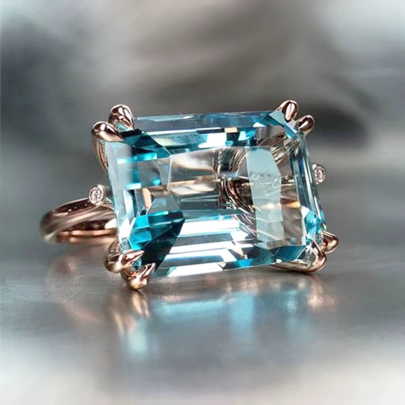 Huitan Solitaire – bague à 4 griffes bleu ciel pour femmes, couleur or rose romantique, forme rectan