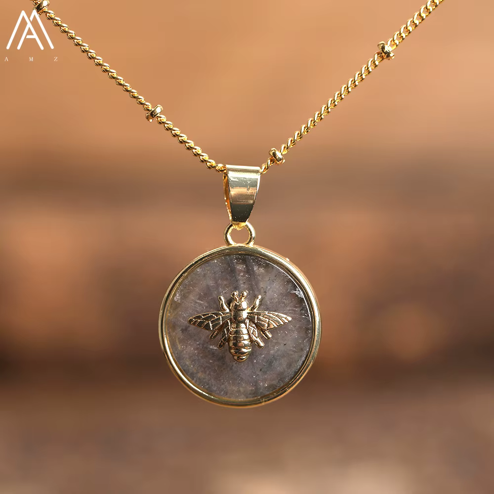 Collier Ras du Cou en Pierres Naturelles de Labrumen, Perles d'Abeille Incrustées, Bijou à la Mode, 