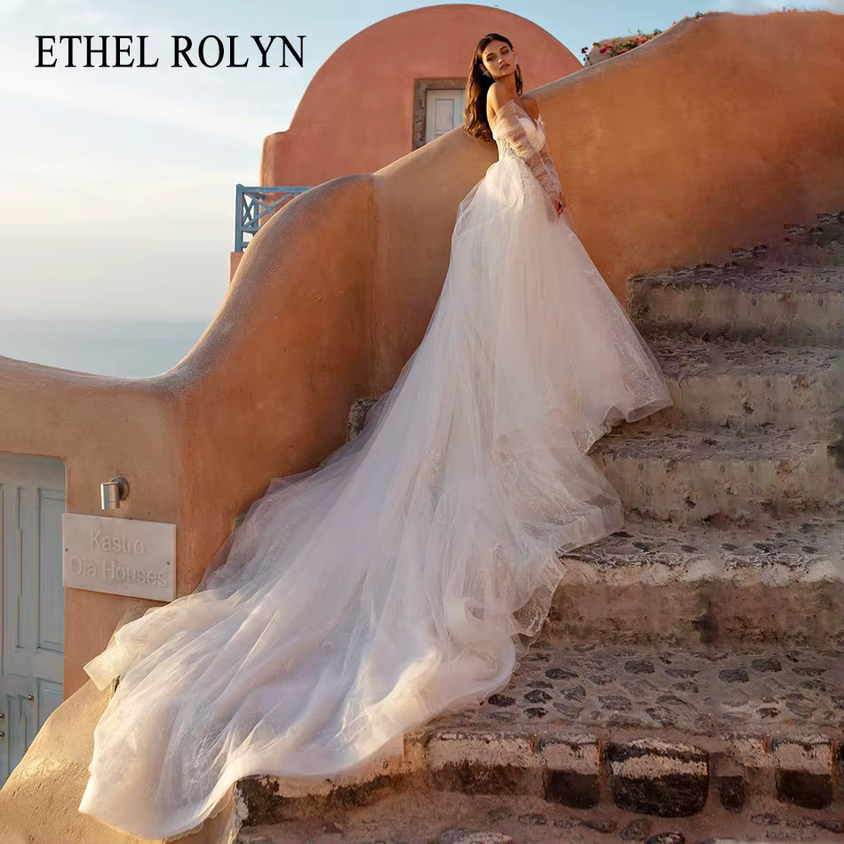 ETHEL ROLYN robe de mariée trapèze charmante épaules dénudées à manches longues mariée broderie S4hi